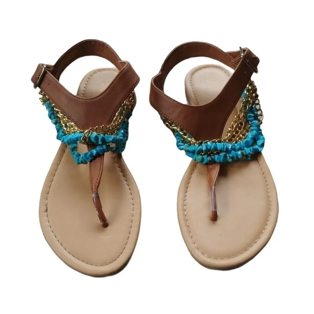 Shoe Dazzle Flat Sandals Chains/Stone Strands, 5.5